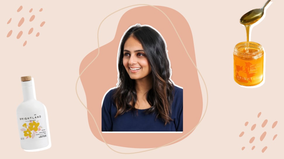 Headshot of Brightland founder, Aishwarya Iyer, on colorful background surrounded by Brightland products.