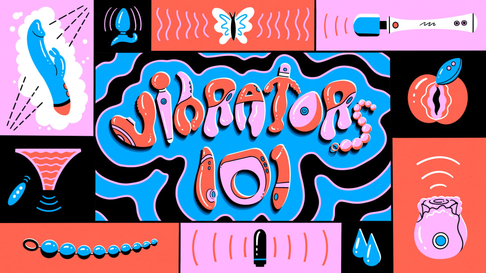 A graphic design in colors red, orange, black, and pink. Featuring the words, "Vibrators 101" and illustrations of different vibrators.