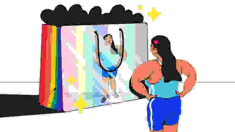 An illustration of an individual in a teal tank top and dark blue shorts facing an iridescent shopping bag; their reflection appears refracted by the bag's surface.