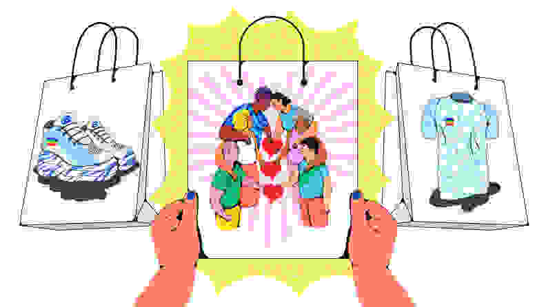 An illustration of a pair of hands holding up a shopping bag with six individuals in bright clothing, all gripping bright red hearts held between them. Two other shopping bags flank the first.