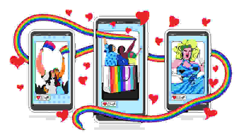 An illustration of several phone screens displaying social media home pages. The first has an image of a couple holding the bisexual and rainbow flags. The second has three individuals emerging from a rainbow colored bag. The third depicts an individual in drag, in a large blonde wig and tight blue dress.