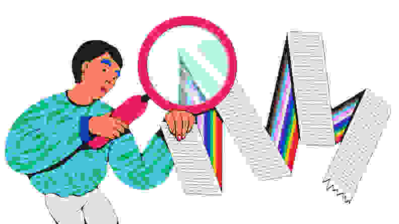 An illustration of an individual in a patterned sweater holding a magnifying glass up to a long, winding receipt that drapes across the rest of the image.