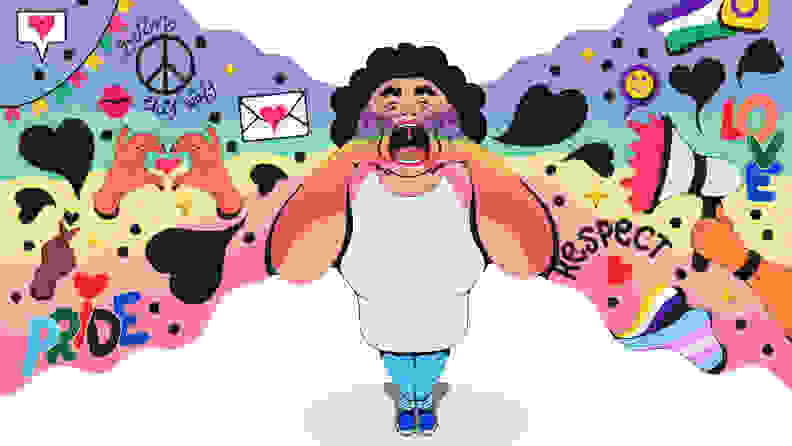 An illustration of person with their hands cupped to their mouth, shouting out. Their voice spills out in rainbow colors; in the rainbow are words like 'respect' and 'pride' and 'love,' surrounded by hearts and hands and messages.