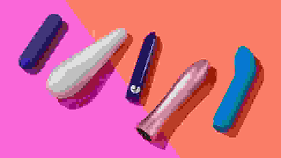 A collection of the best bullet vibrators including the PlusOne bullet vibrator​, the Maude Vibe, the Lovehoney Magic Bullet, the Femme Funn Bougie Bullet and the Je Joue G-Spot Bullet Vibrator for Intense Pleasure on a pink and orange background.