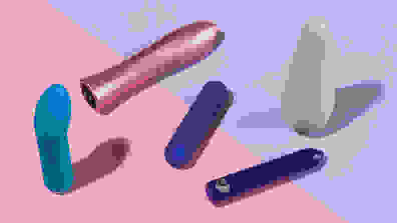 A collection of the best bullet vibrators including the PlusOne bullet vibrator​, the Maude Vibe, the Lovehoney Magic Bullet, the Femme Funn Bougie Bullet and the Je Joue G-Spot Bullet Vibrator for Intense Pleasure on a pink and purple background.