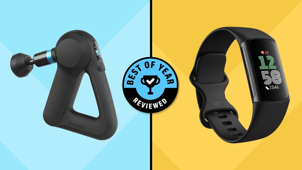 Side-by-side image of the Therabody Theragun Elite and the Fitbit Charge 6 in black with Reviewed's Best of Year logo  in the center.