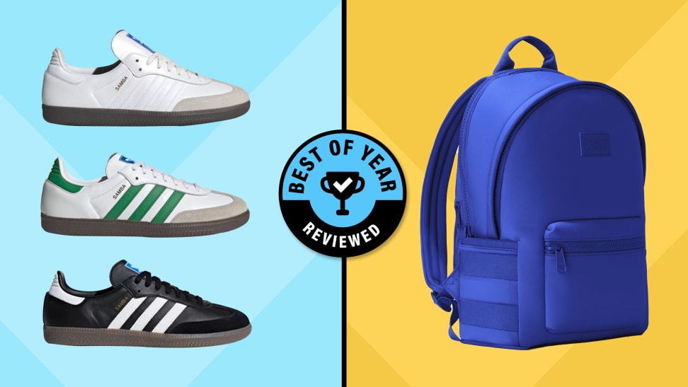 Side-by-side image of three differently colored Adidas shoes in profile and a blue backpack from Dagne Dover with Reviewed's Best of Year logo in the center.