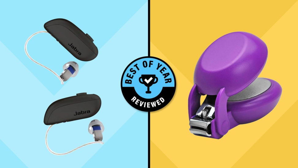 A blue and yellow split collage for the 2024 Reviewed Best of Year awards including a black pair of Jabra Enhance Select 500 hearing aids and a purple Harac Adaptive Nail Trimmer.