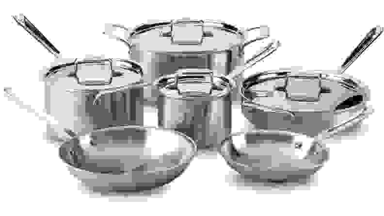 The All-Clad BD005710-R D5 Stainless Steel 10-Piece Cookware Set.