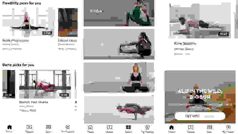 Three screenshots of the Alo Moves app showcasing classes and features.