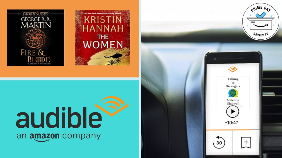 A pair of Audible audiobook titles above the Audible logo next to a smartphone with an Audible menu with the Prime Day Reviewed badge.