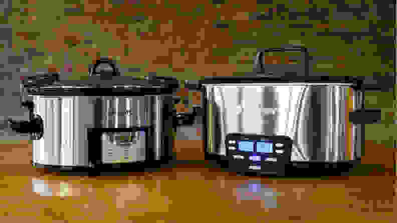 Best slow cookers, from Crock-Pot and Cuisinart, side-by-side on wooden surface.