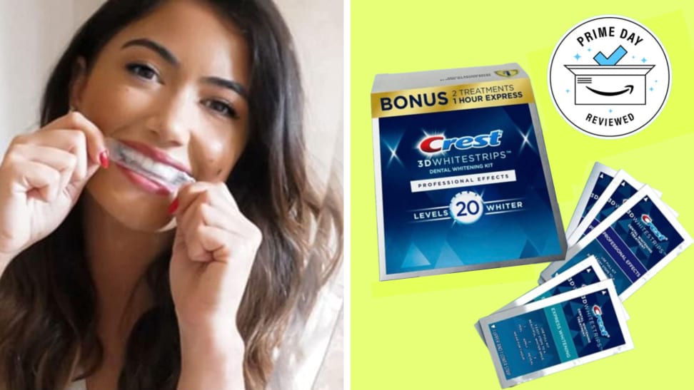 Photo of a person applying a Crest 3D Whitestrip beside a box of Crest 3D Whitestrips on a yellow background.