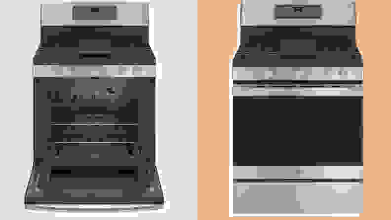 Two images of the GE gas range, one with door open, next to each other on an orange background