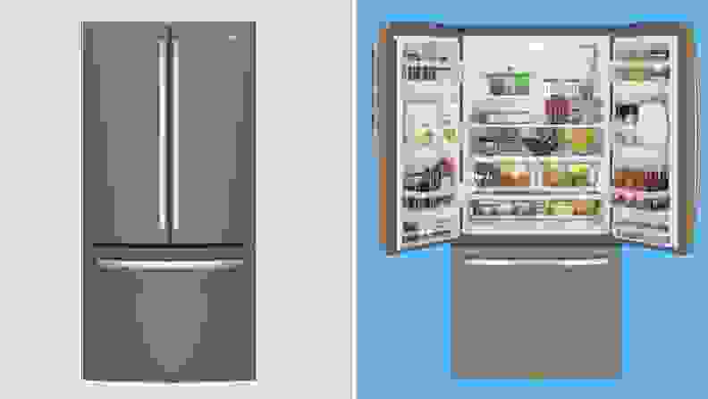 Left: GE GNE25JMKES closed on blue background, right: GE GNE25JMKES open on a blue background