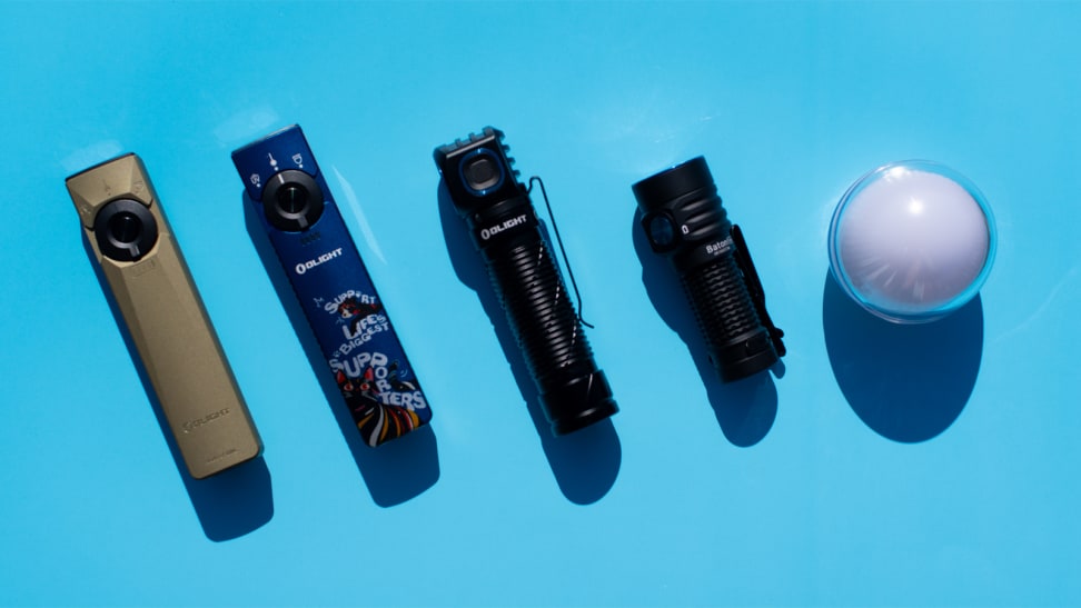 A series of Olight products on a blue background.