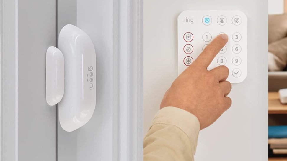 On left, white oval sensor on window panel. On right, person using finger to press buttons on alarm system keypad.