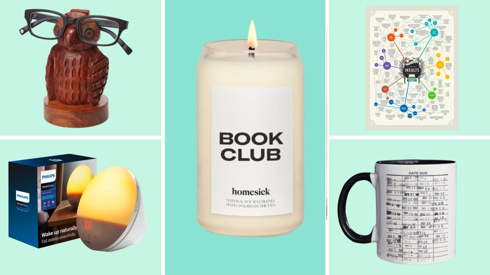 A selection of the best gifts for book lovers including an owl-shaped wooden glasses holder, a Philips Wake-Up Light alarm clock, a scented candle, a Literary Insults poster and a coffee mug on a turquoise and mint green background.