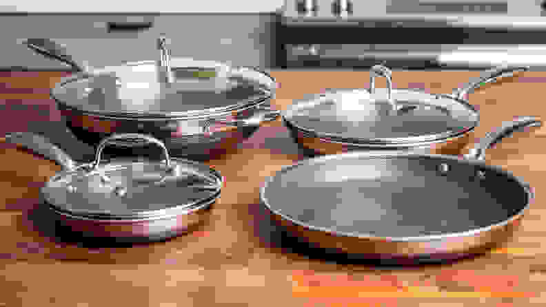 HexClad cookware set sits on a kitchen counter.