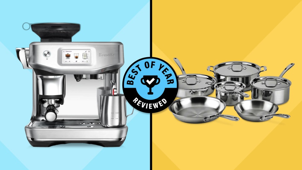 A blue and yellow split collage for the 2024 Reviewed Best of Year awards featuring the Breville Barista Touch Impress and  All-Clad D3 Everyday Stainless-steel Cookware Set.