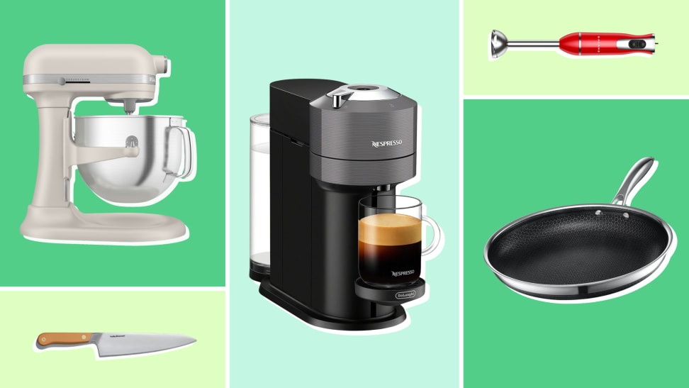 A selection of the best kitchen gifts including a Hedley & Bennett Chef's Knife, a Nespresso coffee maker, HexClad pan, and a Galenz Immersion Blender on a green background.