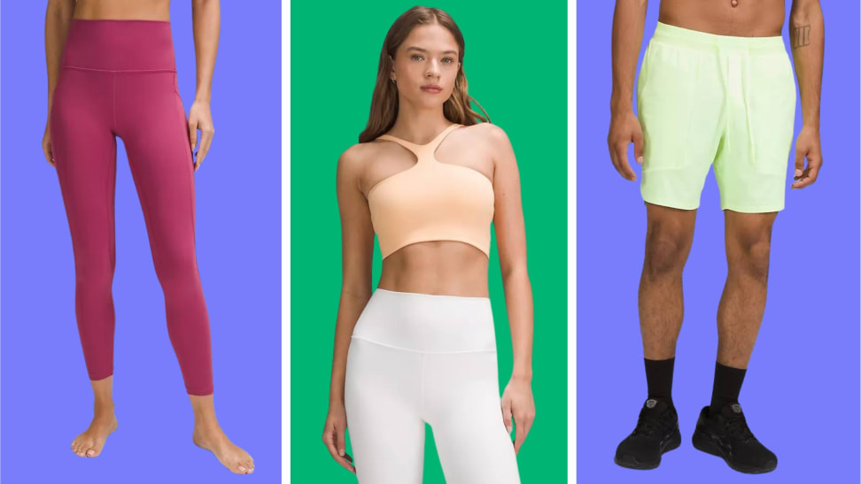 A collection of lululemon clothes in front of colored backgrounds.