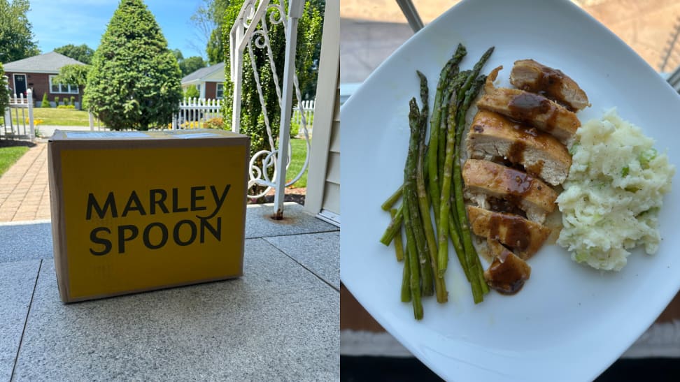 A photo collage of a Marley Spoon shipping box on a porch outside and a plate of asparagus, chicken and mashed potatoes.