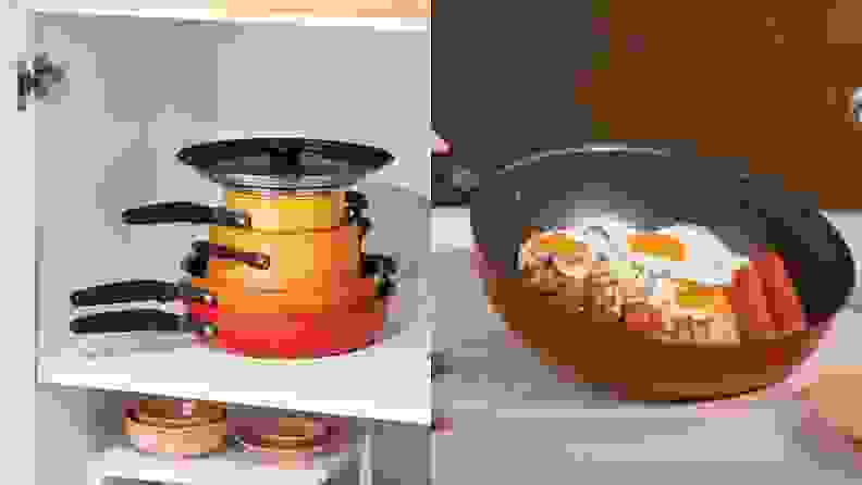 On left, stack of orange, red, yellow stack of Meyer cookware with lid on top inside of cabinet. On right, eggs, sausage or small tomatoes cooking inside of skillet pan.