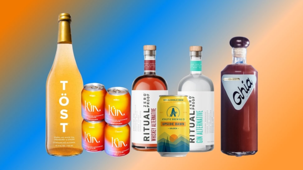 Non-alcoholic wine, mixers, beer, spirits, and cocktails are arranged in a row over a colorful blue and orange gradient background.