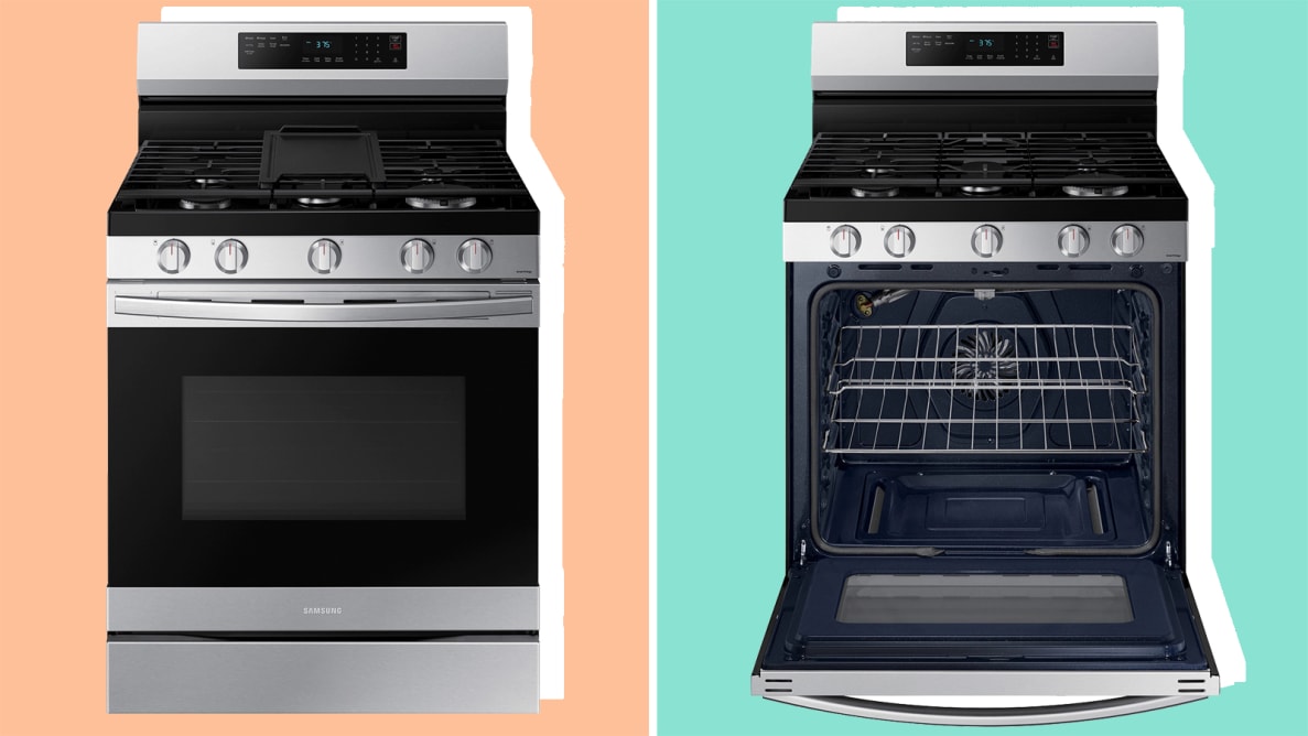 Two stainless steel Samsung ranges showing its oven door closed on left and opened on right.