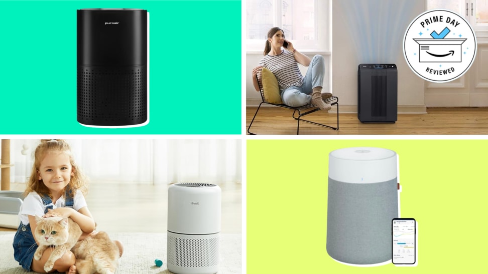 A collage featuring a person next to a white Levoit air purifier, a person next to a black Winix air purifier, and images of a white and gray Blueair air purifier, and a black PuroAir air purifier.