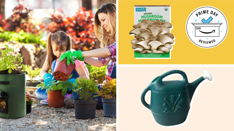 A collage photo featuring two people gardening and images of a green Cado water can and a Back To The Roots mushroom grow kit.