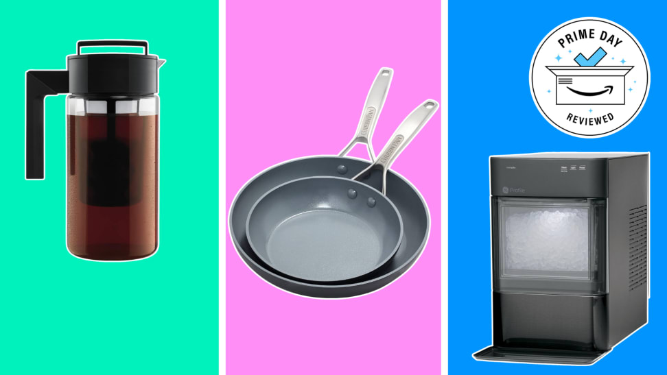 Takeya cold brew maker, GreenPan skillets, and GE Profile ice maker on colorful background