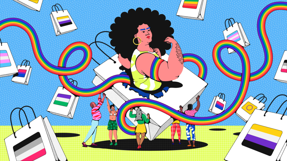 An image of an individual emerging from a shopping back held up by several individuals in bright clothing. The central figure has a rainbow-hued armband. A rainbow twines itself through the rest of the image, which is made up of drifting white shopping bags with the various LGBTQ+ flags.