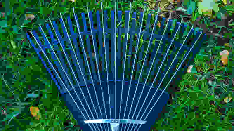 Metal rake on top of plastic leaf rakes on on grass.