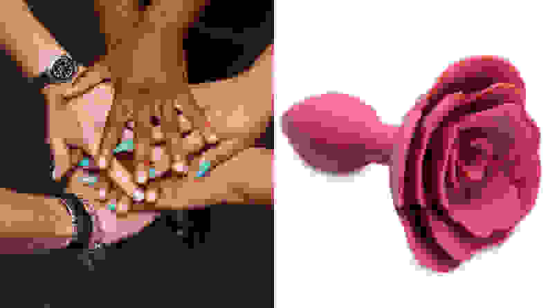 Hands coming together representing many different races and a rosebud tip anal plug.