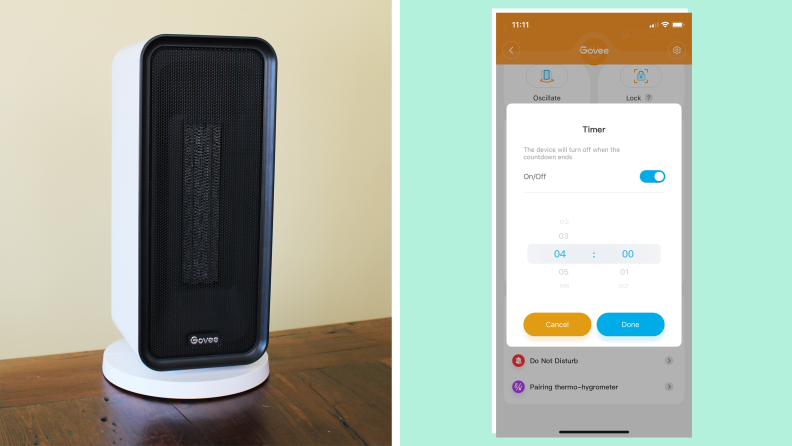 The Govee Space Heater and a screenshot of the Govee app.