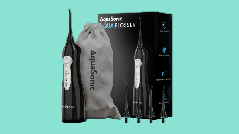 The AquaSonic Aqua Flosser on a teal background.