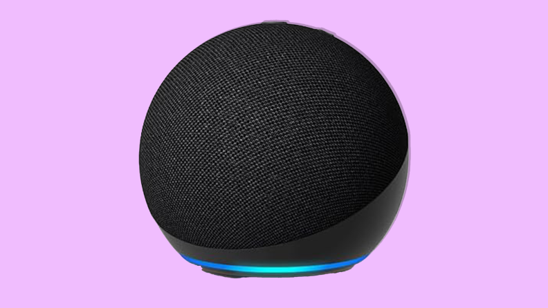 Echo Dot 5th gen. on a fuchsia background.