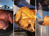 Left: smoked turkey on a charcoal grill. Center: Roasted turkey on a baking sheet. Right: Deep fried turkey coming out of the fryer.