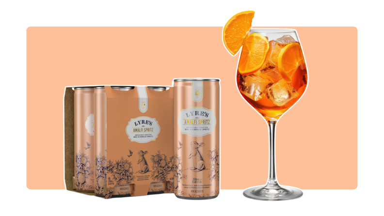 A package of cans from Lyre's Amalfi Spritz cans next to a liquor-free spritz in a wine glass.