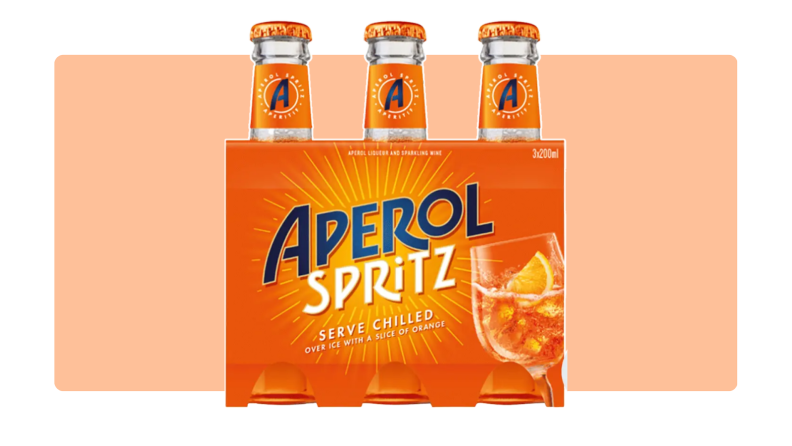 A package containing six bottled Aperol Sptitz cocktails.