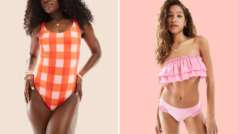 Collage of two photos of women wearing swimsuits sold at ASOS.