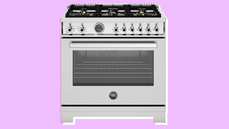 Bertazzoni 36-inch gas range on purple background