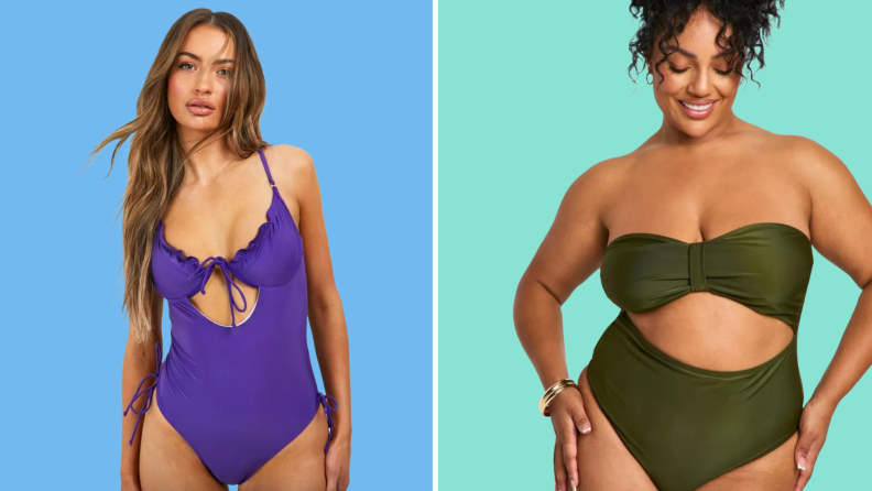 Collage of two women wearing swimsuits sold at Boohoo.