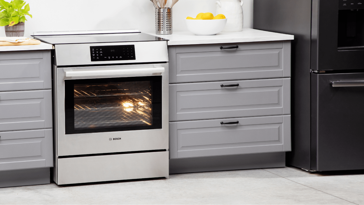 Bosch HII8057U 800 Series Induction Slide-in Range in modern kitchen setting.