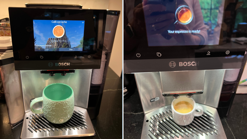 Two photos of the Bosch 800 series espresso maker, one with a regular mug and one with an espresso cup.