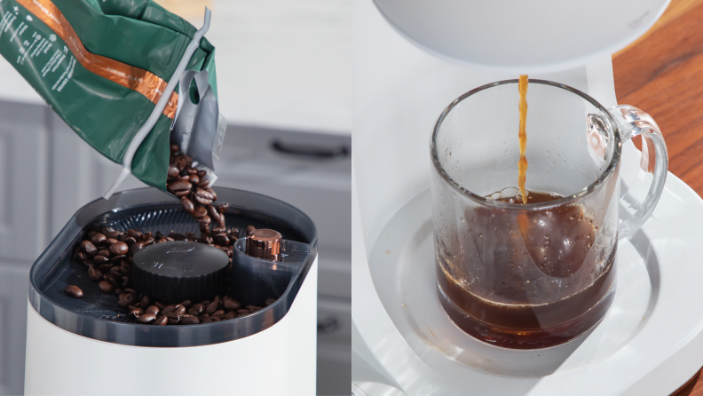 Two images side-by-side: on the left, a bag off coffee beans being poured into the top of a coffee machine. On the right, black coffee being poured into a clear coffee mug.