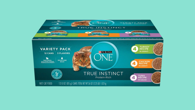 A box of Purina ONE True Instinct Turkey, Chicken & Tuna Variety Pack Canned Cat Food