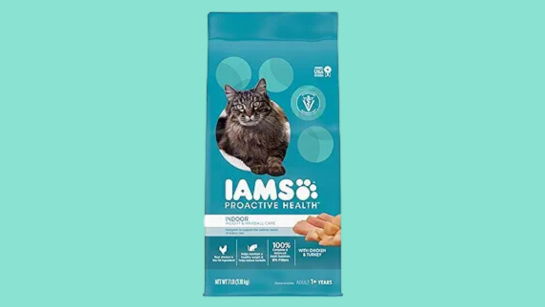 A bag of IAMS Proactive Health Indoor Weight & Hairball Care Adult Dry Cat Food with Chicken & Turkey.